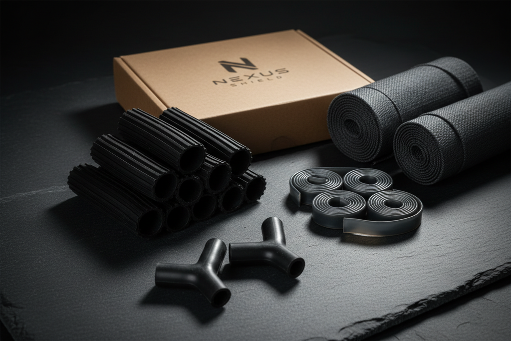 TourGuard Pro cable armor components arranged on black slate with dramatic side lighting