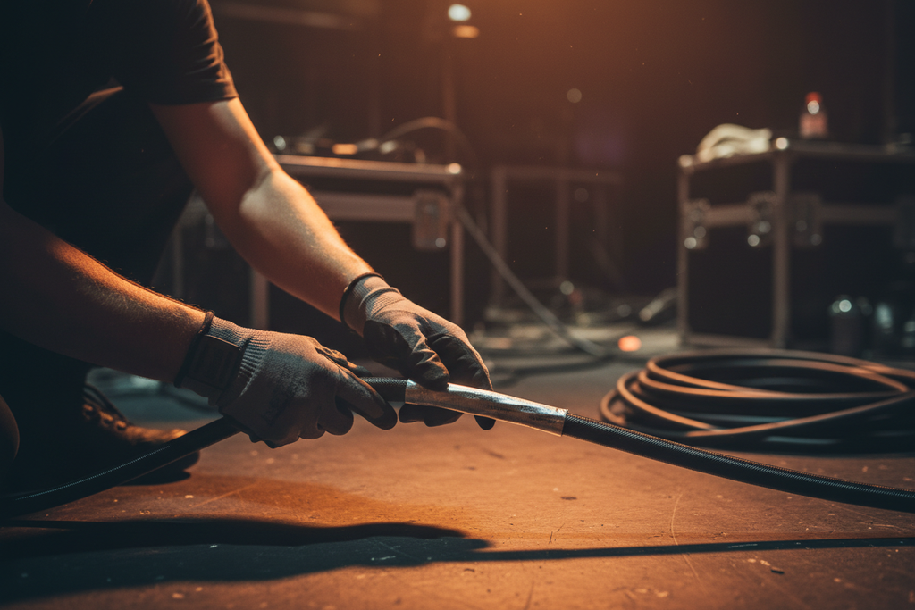 Technician applying armor sleeve to XLR cable on stage floor