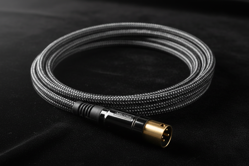 Premium DMX cable coiled on black velvet with soft directional lighting on engraved gold-pin connector