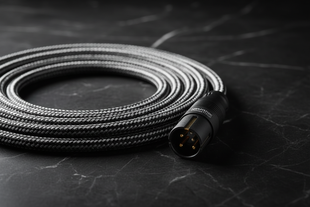 Premium power cable coiled on black marble with soft directional lighting on engraved powerCON connector
