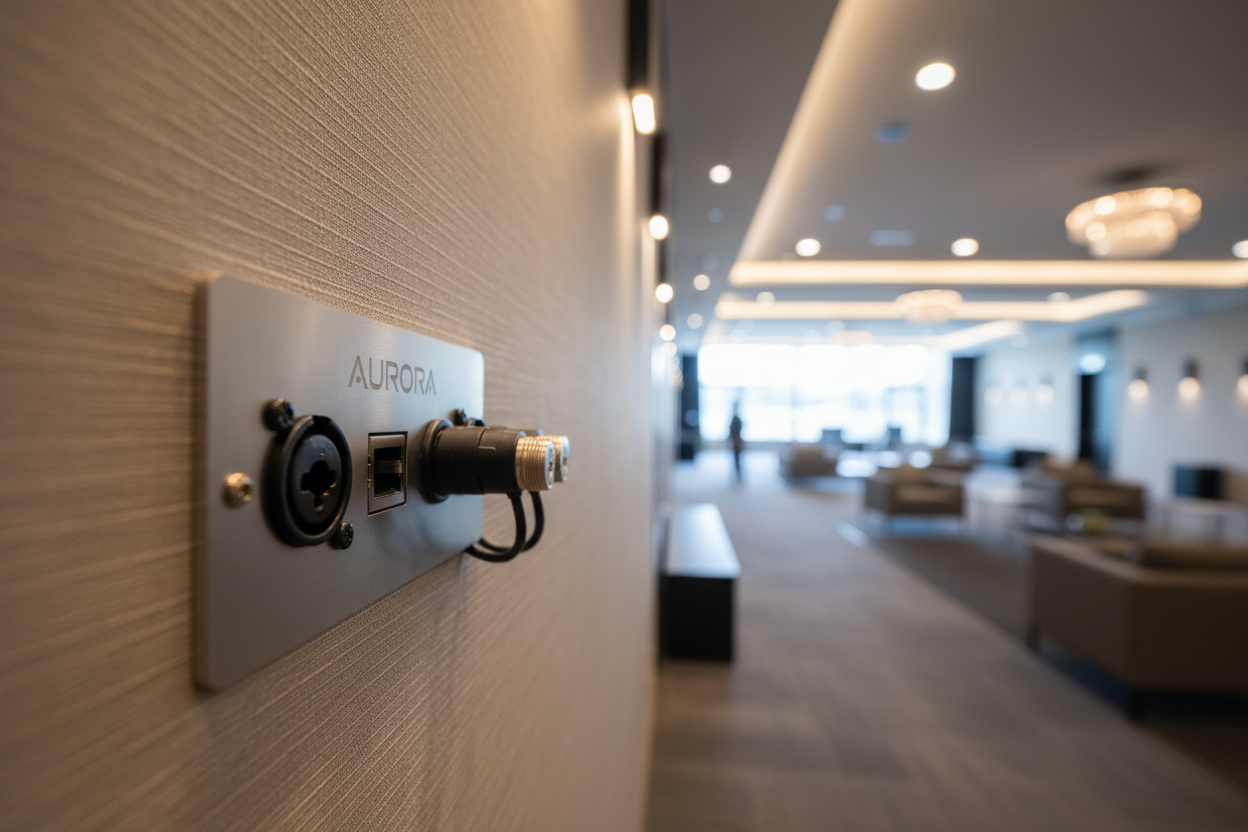 AV wall plates mounted in clean modern venue with soft ambient lighting and stainless steel finish