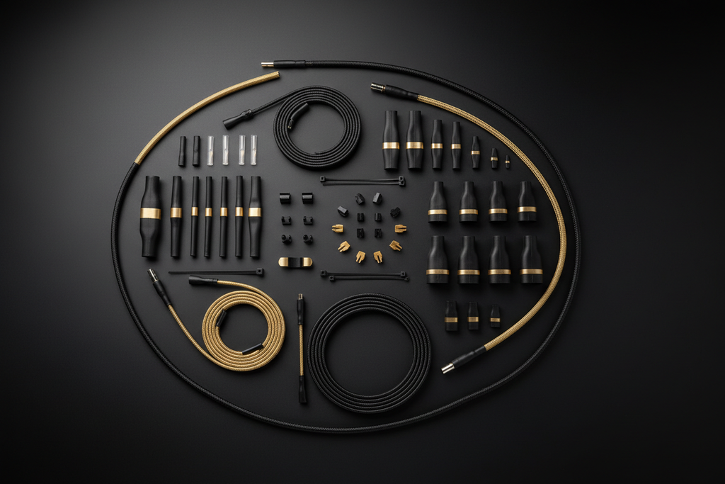 Complete TourGuard Pro kit contents flat lay on matte black surface with gold accents