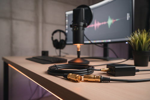 Podcast bundle on modern desk with soft ambient lighting and warm accent glow on microphone