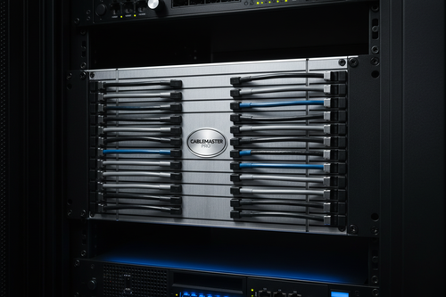 Cable organizer rack mount with 24 cables neatly routed and dramatic side lighting on brushed aluminum