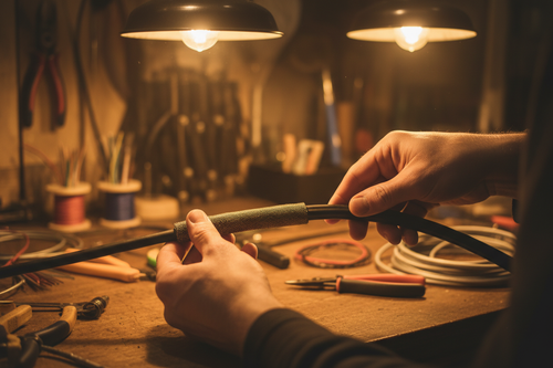 Technician hands applying braided sleeve to DMX cable under warm workshop lighting