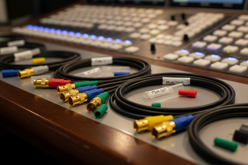 SDI kit components arranged on broadcast console with soft ambient lighting and professional broadcast aesthetic